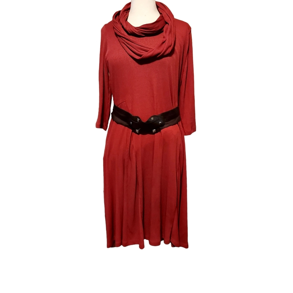 Amanda Lane Xl Midi Dress Orange Ribbed Knit Belted Long Sleeve Holiday Fall....